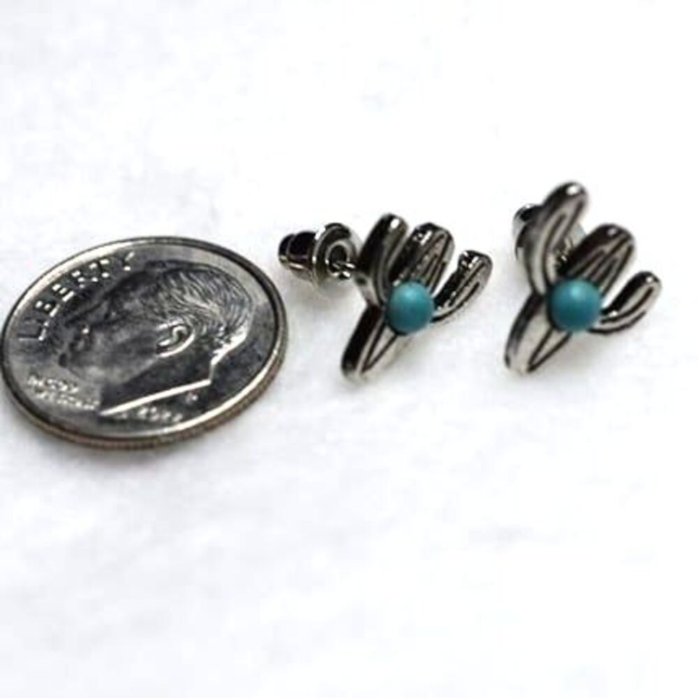 Western Petite Silver Tone Lt.Blue Stone Inlay Cactus Post/Stud Earrings